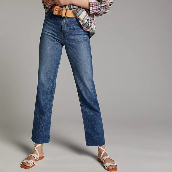 NWT AG The Alexxis Ultra High-Rise Frayed Hem Straight Jeans in Denim Dark - Picture 2 of 8